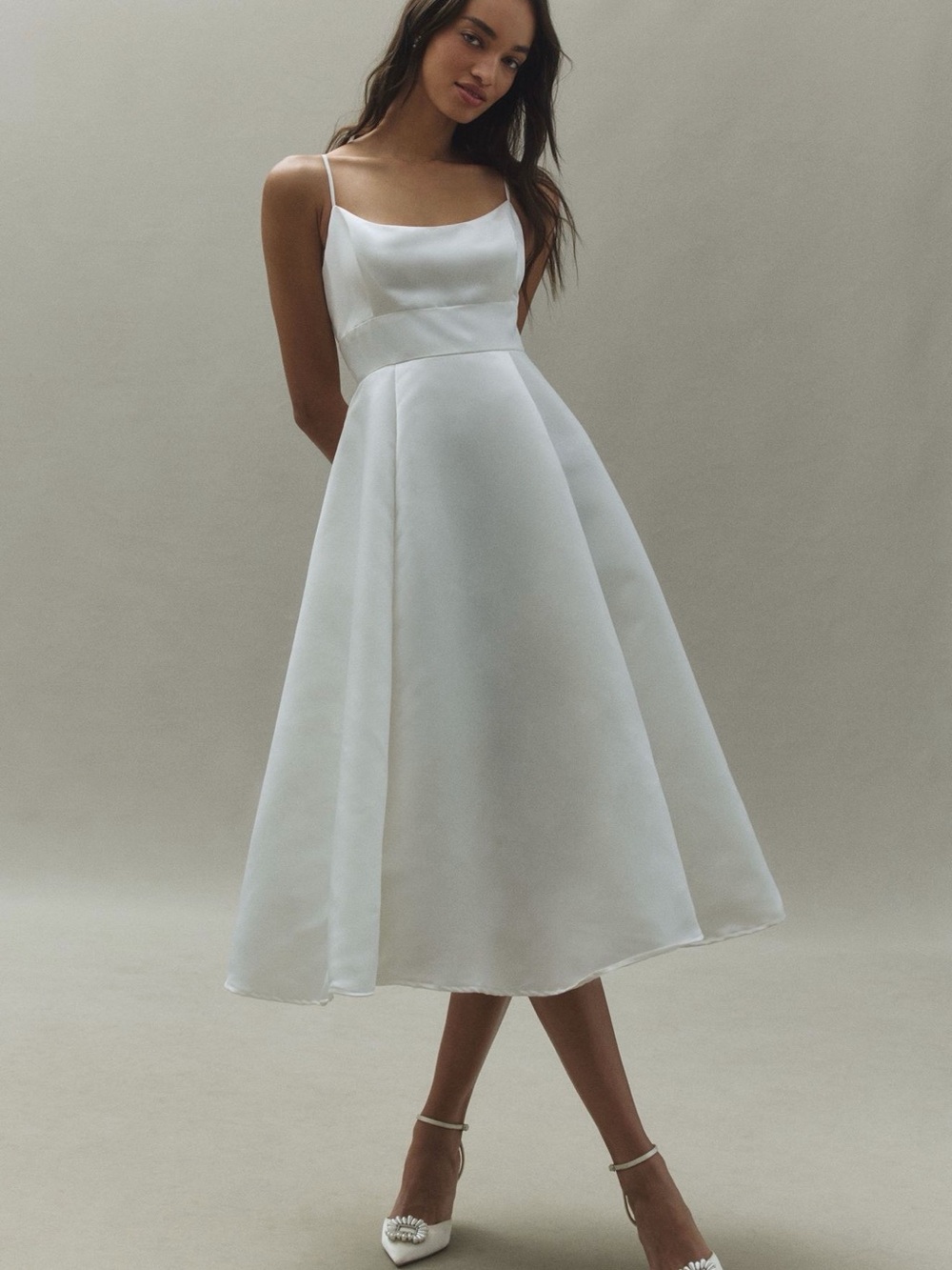 Anthropologie Ivory Satin A-Line Midi Spaghetti Strap Dress